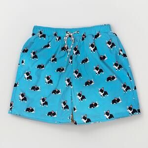 MOSMANN French Bulldog Mens Small Swim Trunk Aqua Blue Pockets Mesh Drawstring